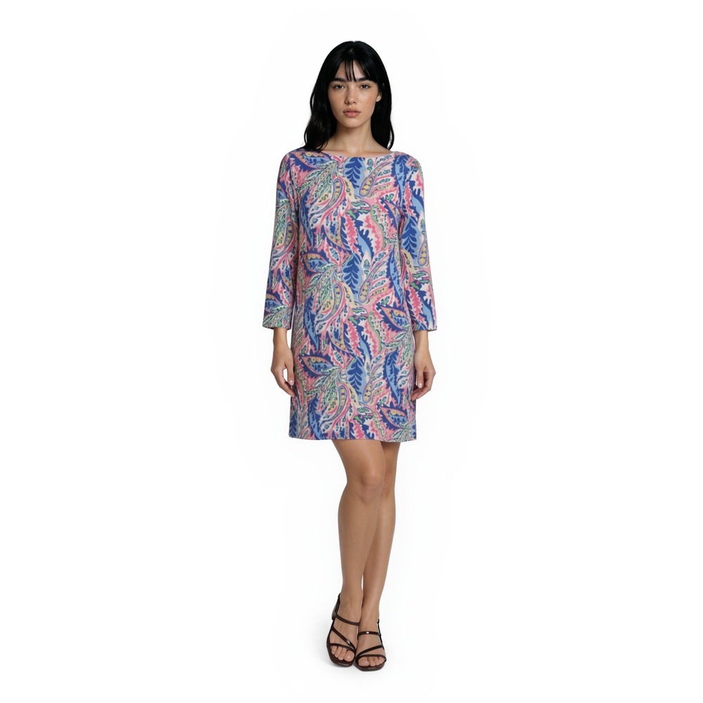Talbots Dress Women's Large Blue Pink Paisley Shift 3/4 Sleeve Buttons Scuba